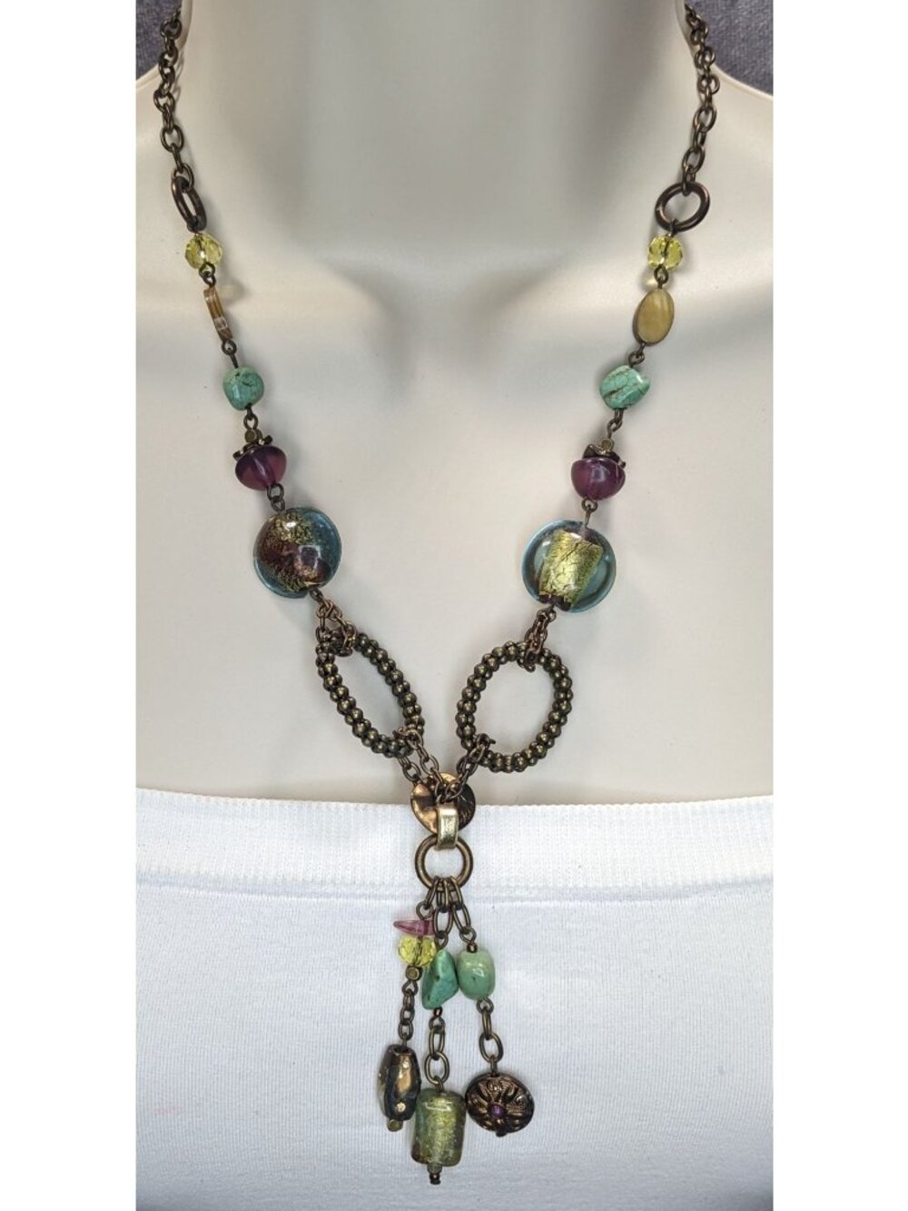 90s Boho Artisan Coldwater Creek Beaded Tassel Statement Necklace